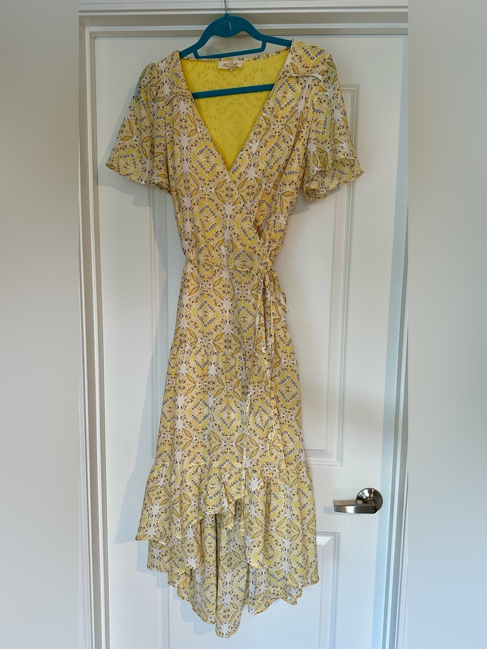 Listicle Yellow Patterned High-Low Wrap Dress